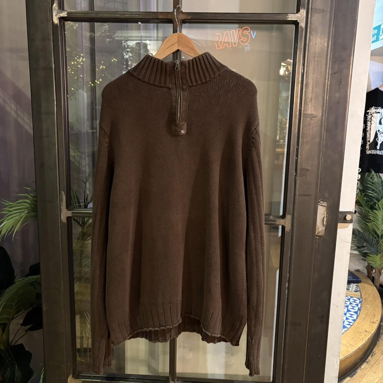 0125D70 - Vintage Retro Essential Brown Ralph Lauren Knitted 1/4 Zip Up Fleece Crewneck Jumper Sweatshirt with embroidered logo #smartcasual #oldmoney #essential #ralphlauren #y2k
