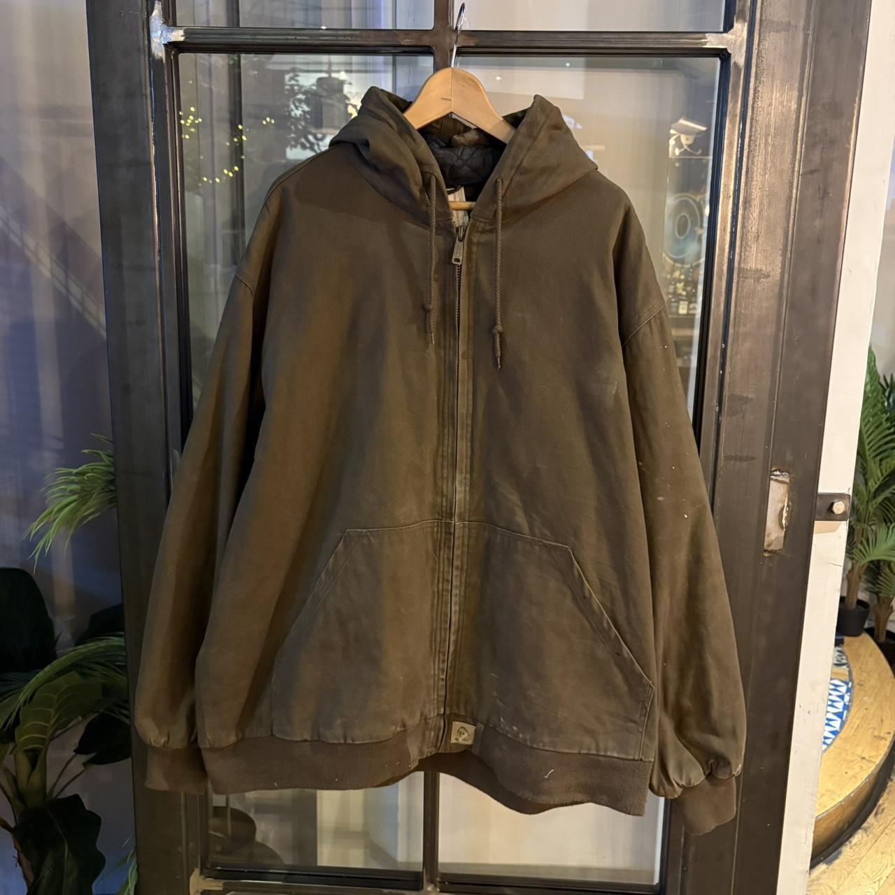 0125A89 - Vintage Retro Wolverine Mocha Chocolate Brown Full Zip Up lined Canvas Hooded Workwear Active Jacket #utility #workwear #activejacket #skater #wideboxy