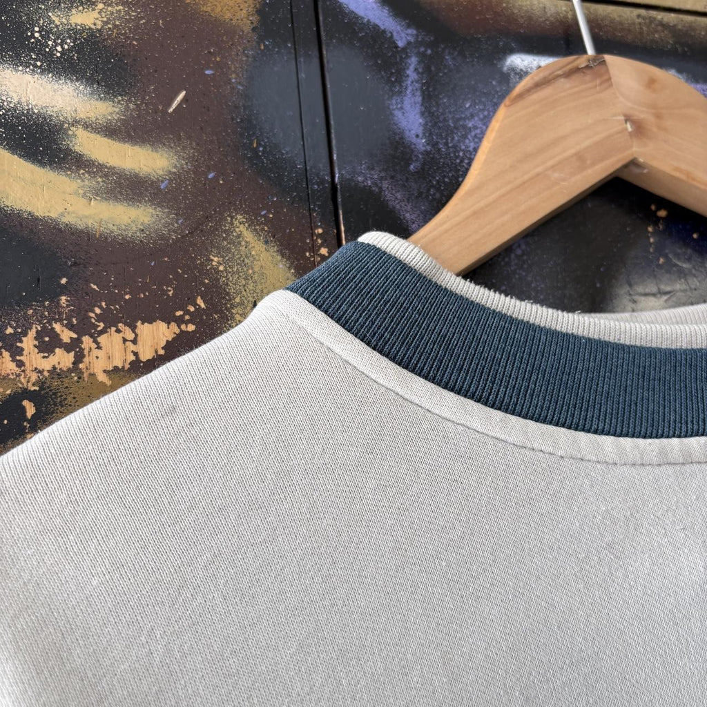 Vintage Nike Sweatshirt Mens Medium Blue Off White Blue Ribbon Sports Patch Logo Ribbed Pullover Jumper Top 90s Y2K 00s