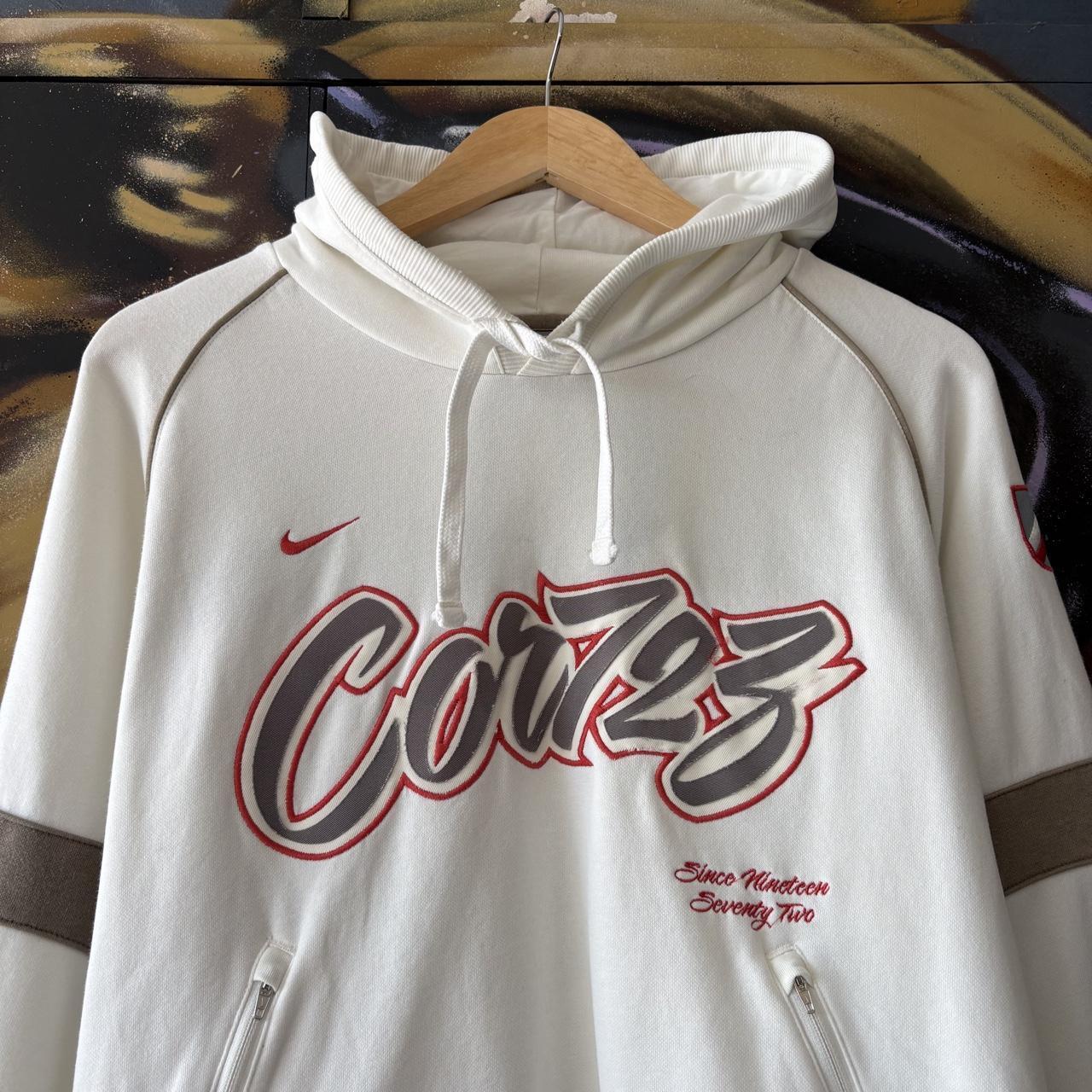 Vintage Nike Cortez Hoodie Mens Small White Solo Swoosh Graffiti Logo Embroidered Pullover Jumper Top 90s Y2K 00s