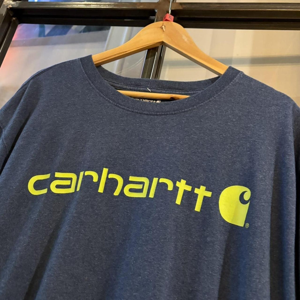 BR2804DO-P - Vintage Retro Essential Blue Carhartt Logo Spell out Graphic Print Top Tee T-shirt with embroidered patch logo #skater #workwear  #carhartt #y2k #graphic