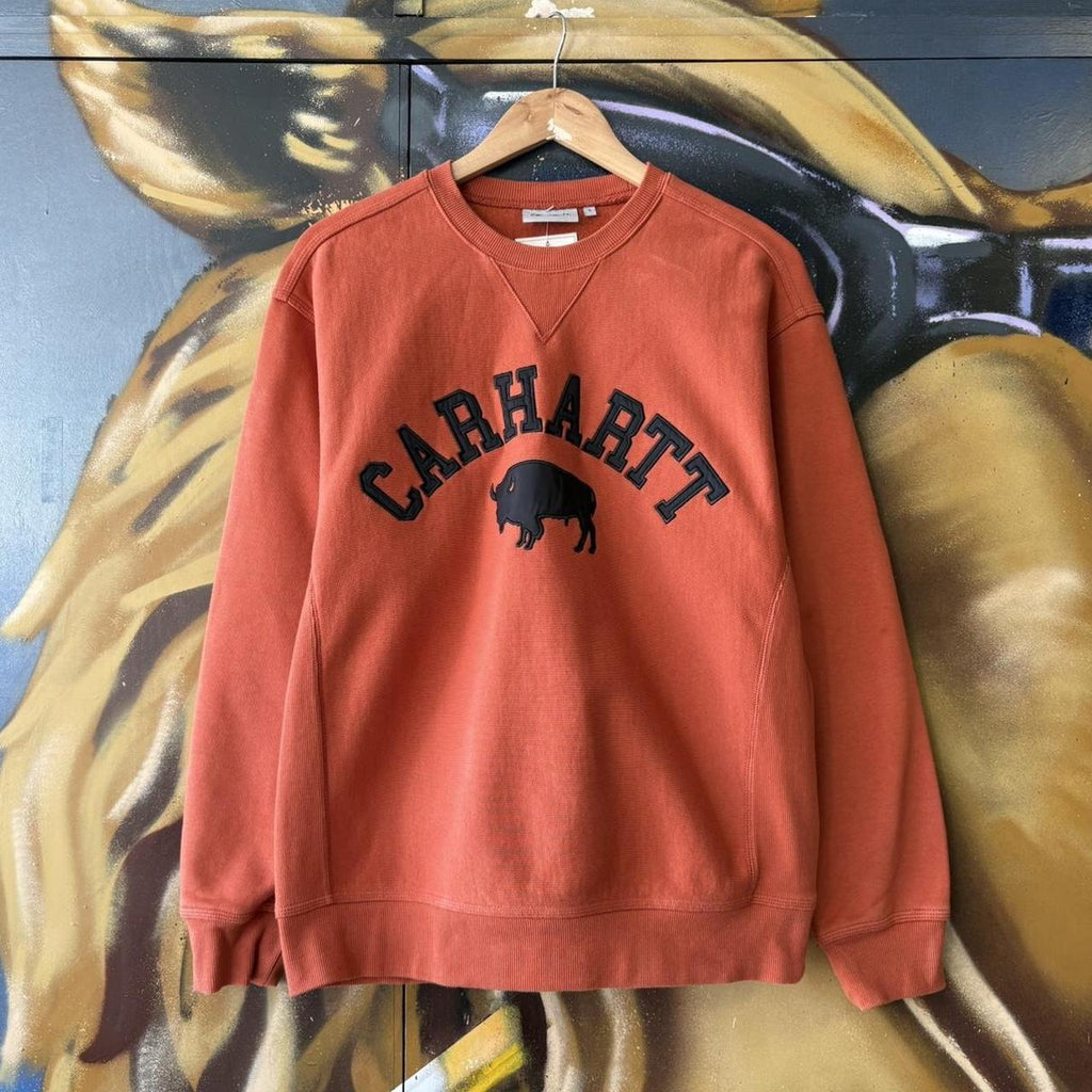 Vintage Carhartt WIP Sweatshirt Mens Small Rust Orange Buffalo Graphic Crewneck Jumper Skate 90s Y2K