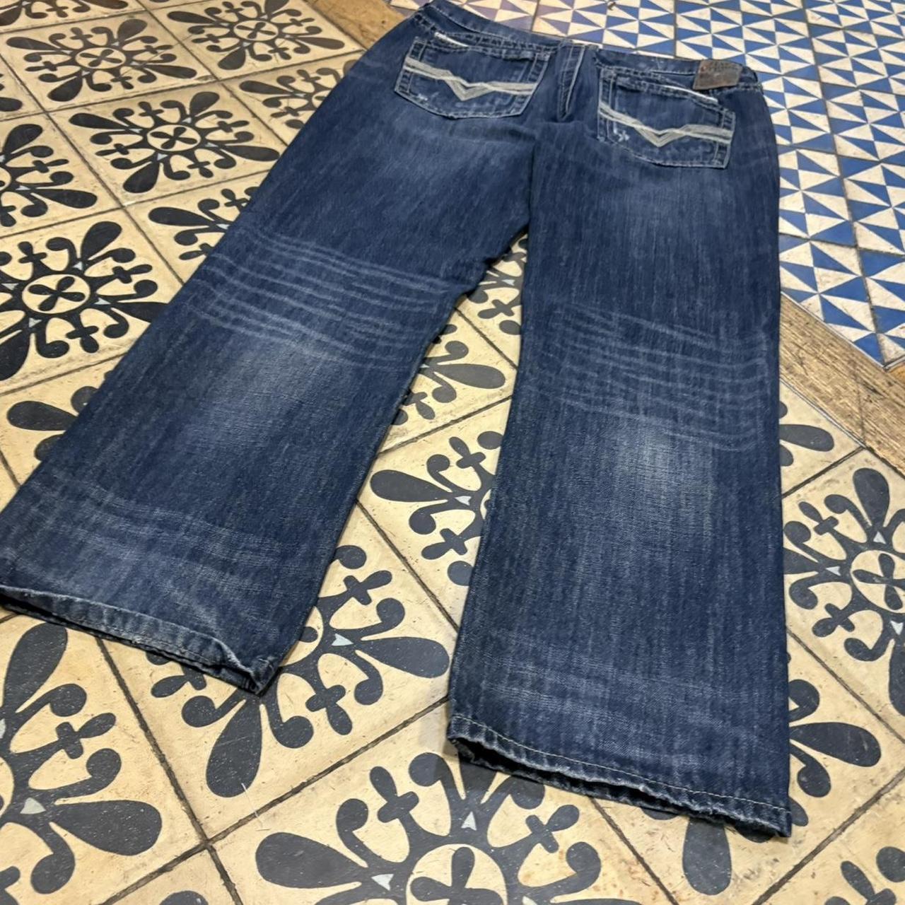 0325C95UF - Vintage retro essential Axe & Crow Dark Blue Wash Denim Jeans Trousers pants with embroidered pattern stitched detailing #denim #slimfit #axe&crow #embroidered #y2k