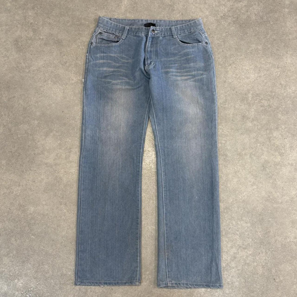 Vintage Light Blue Wash Jeans Mens 34x32 Denim Embroidered Detail Trousers Skate Western Vintage Y2K 90s