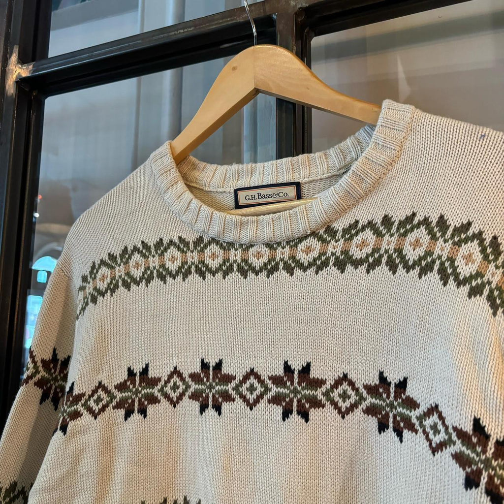 0325G97F - Vintage Retro Essential G.H. Bass Cream patterned argyle golf grandpa cosby sweatshirt crewneck knit Jumper #ghbass #knitjumper #90s #grandad #knitted