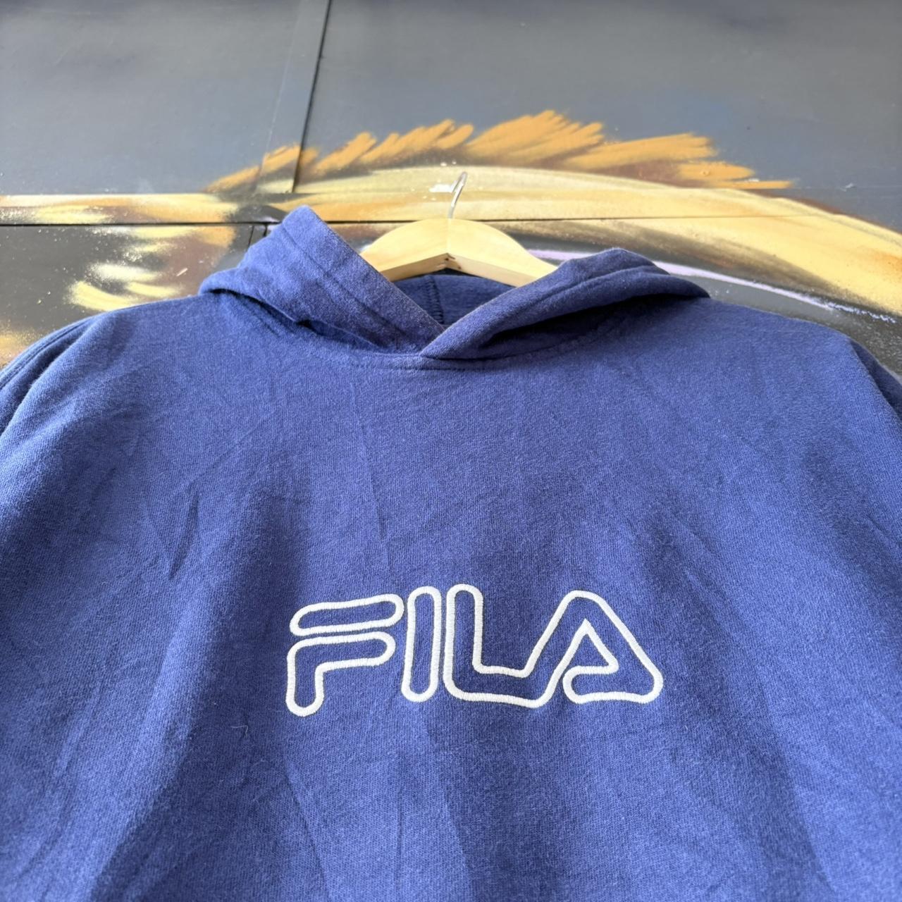 Vintage FILA Hoodie Top Mens Large Blue Spellout Logo Embroidered Streetwear Sweatshirt Essential 90s Y2K
