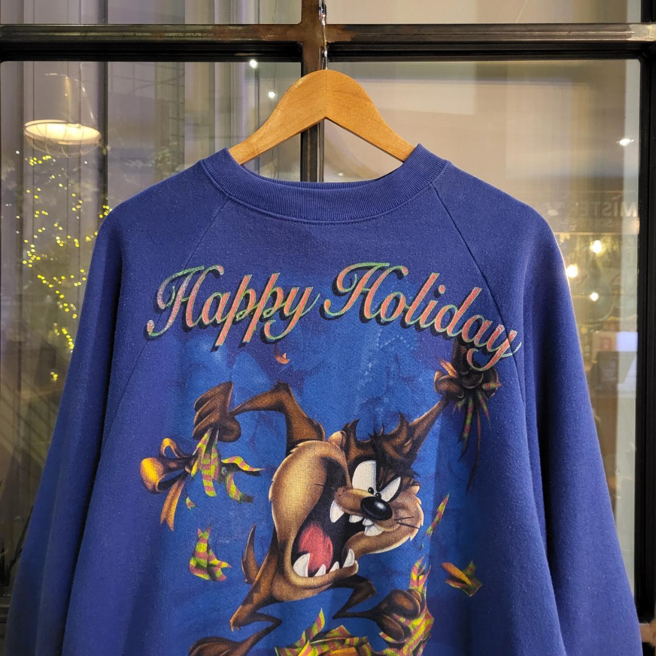 Vintage Retro Essential adult Taz Tasmanian Devil Looney Tunes Happy Holiday Blue sweatshirt with graphic print spellout chest logo 90s y2k style wide boxy fit