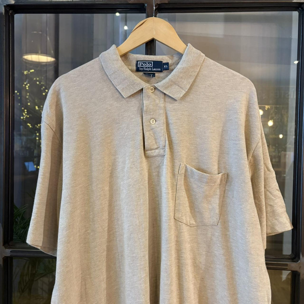 POL450F-P - Vintage Retro Ralph Lauren Beige Plain Pocket Polo Shirt Short Sleeve collared button up top  #Y2K #preppy #chiefkeef #oldmoney #ralphlauren