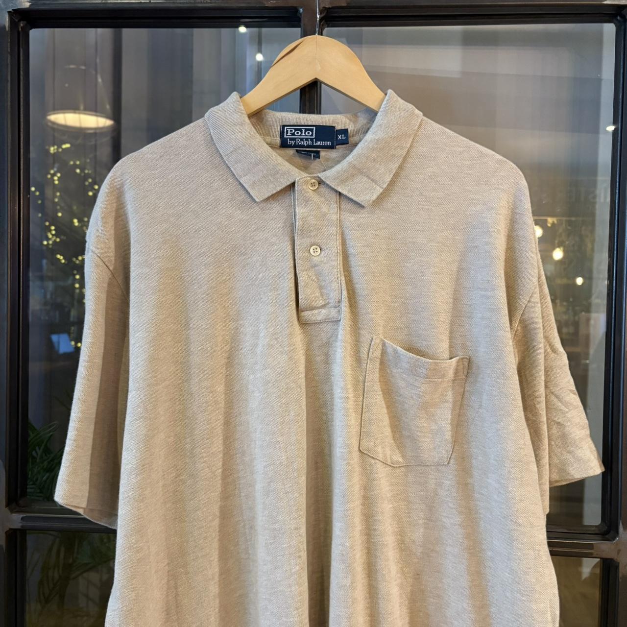 POL450F-P - Vintage Retro Ralph Lauren Beige Plain Pocket Polo Shirt Short Sleeve collared button up top  #Y2K #preppy #chiefkeef #oldmoney #ralphlauren