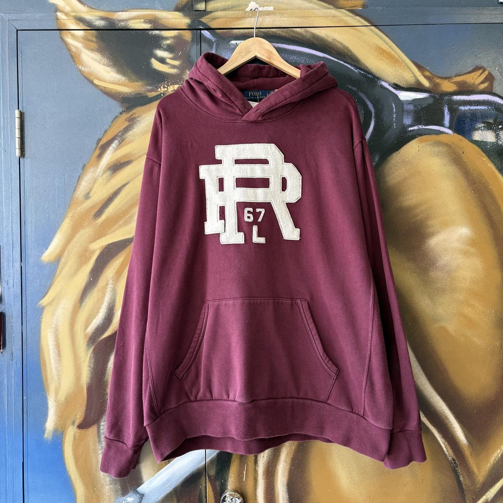 Vintage Polo Ralph Lauren Hoodie Mens XL Burgundy Big Centre Patch Logo Sweatshirt Jumper Preppy Old Money Top 90s Y2K 00s