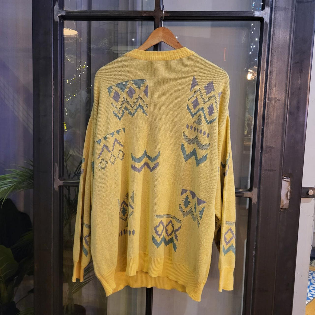 WDB060 - Vintage Retro grandad Pale Yellow Grey knit Patterned Sweatshirt Knitwear sweater Jumper #hiphop #coogi #biggie #grandad #sweater