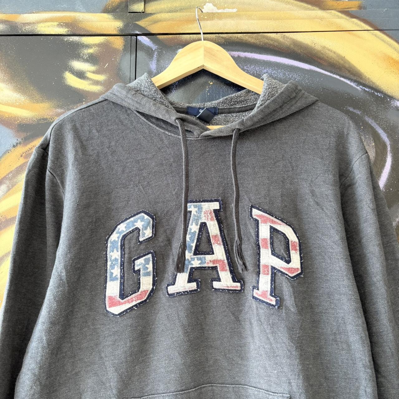 Vintage GAP Hoodie Top Mens Large Spellout Logo USA Flag Grey Preppy Ivy League Clean 90s Y2K
