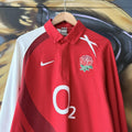 VIN1403B-U - Vintage Retro Essential Nike O2 England 2007-09 Away Collared Rugby Union Longsleeve Jersey Shirt top with embroidered Rose, England Flag and Swoosh logo and printed sponsorships #sportswear #rugby #o2 #jersey #england