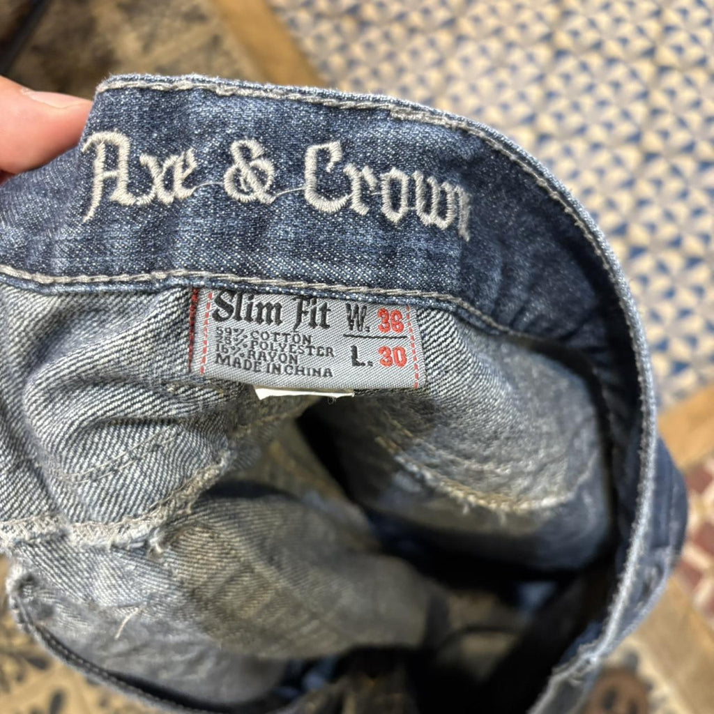 0325C95UF - Vintage retro essential Axe & Crow Dark Blue Wash Denim Jeans Trousers pants with embroidered pattern stitched detailing #denim #slimfit #axe&crow #embroidered #y2k