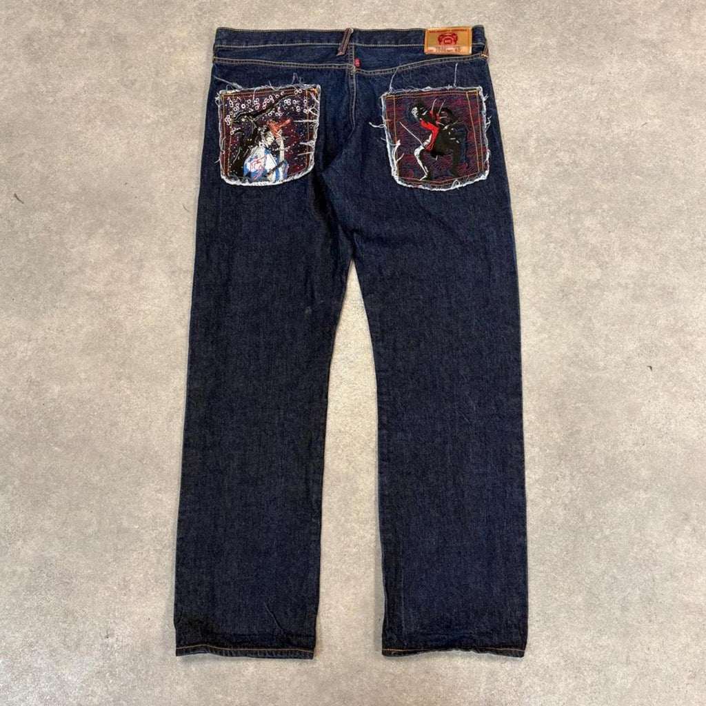 Red Monkey Company RMC Jeans Mens 40x34 Japanese Selvedge Denim Dark Blue Wash Straight Leg Martin Ksohoh Embroidered Samurai and Geisha Detailing Hip Hop Y2K