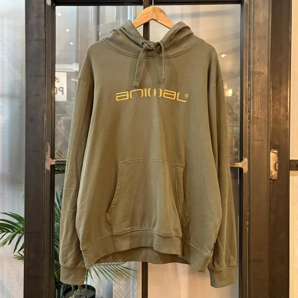 Vintage Animal Jumper Green Mens Large Big Spellout Embroidered Logo Surf Skate Hoodie Top 90s Y2K