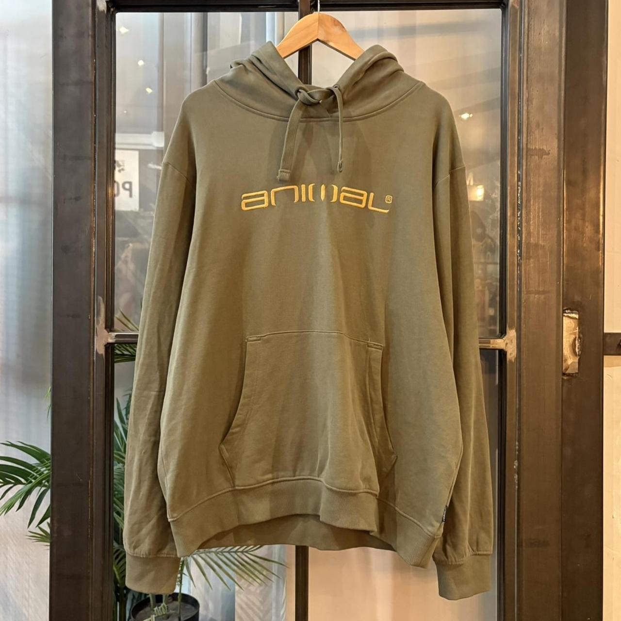 Vintage Animal Jumper Green Mens Large Big Spellout Embroidered Logo Surf Skate Hoodie Top 90s Y2K