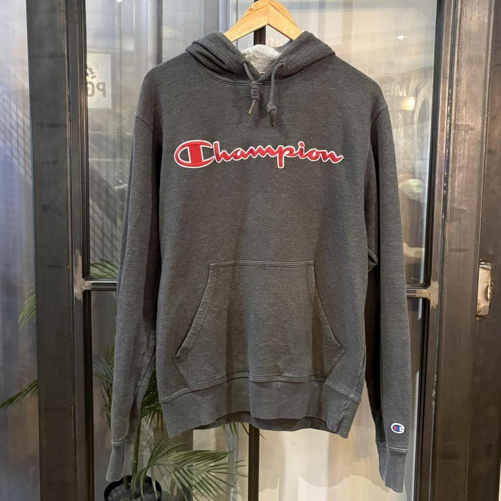 MA2207IZ-F - Vintage Retro Essential Dark Grey Champion Sweatshirt Hoodie with embroidered spellbout patch logo #90s #sportswear #essential #champion #y2k