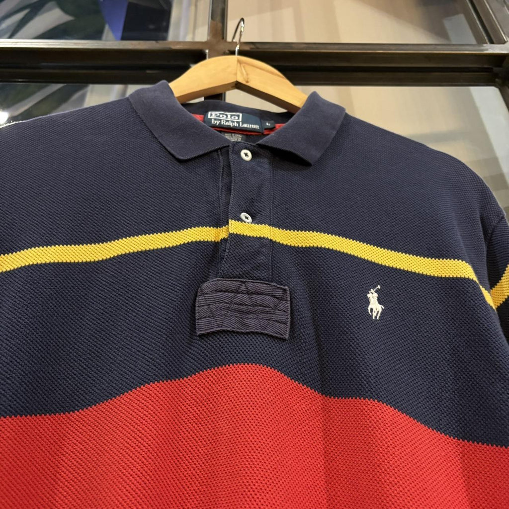 POL182P-F - Vintage Retro Ralph Lauren Navy and Red Two Block Polo Shirt Short Sleeve collared button up top  #Y2K #preppy #chiefkeef #oldmoney #ralphlauren