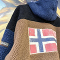 MES1102FM-U - Vintage Retro Essential Brown, Black and Navy Napapijri Full Zip Fluffy Fleece Sweatshirt Hoodie with large back patch logo #90s #fleece #essential #napapijri #y2k