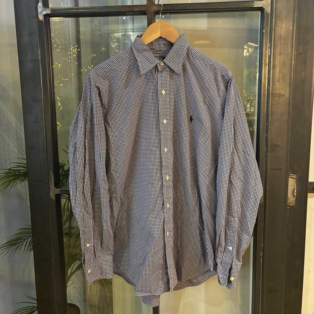 RLS254F - Vintage Ralph Lauren Navy Check Longsleeve collared button up polo shirt top #Y2K #preppy #chiefkeef #smartcasual #oldmoney
