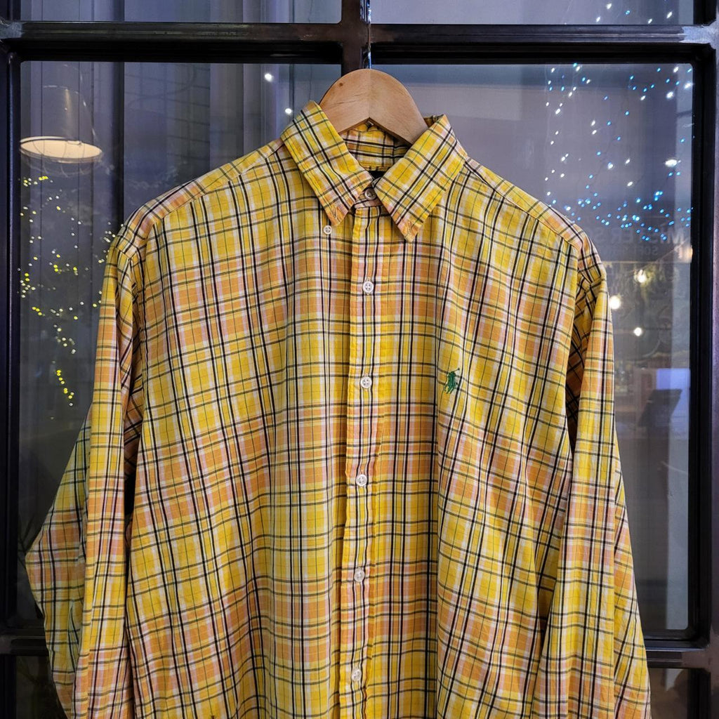 RLS020-P - Vintage Ralph Lauren Yellow Checkered Button Up Shirt Longsleeve collared top #Y2K #preppy #smartcasual #golf #oldmoney