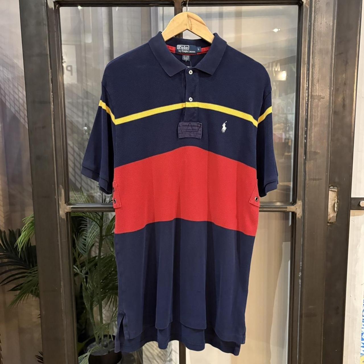 POL182P-F - Vintage Retro Ralph Lauren Navy and Red Two Block Polo Shirt Short Sleeve collared button up top  #Y2K #preppy #chiefkeef #oldmoney #ralphlauren