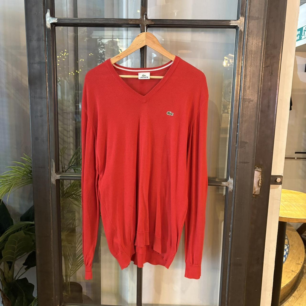 SWT575BR - Vintage Retro Essential Red Lacoste sweatshirt v-neck knit Jumper #lacoste #knitjumper #90s #preppy #knitted