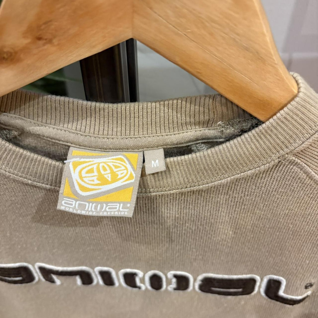 MES1812H-P - Vintage Retro Essential Brown Animal Crewneck Jumper Sweatshirt with embroidered spell out centre logo #90s #surfer #skater #y2k #animal