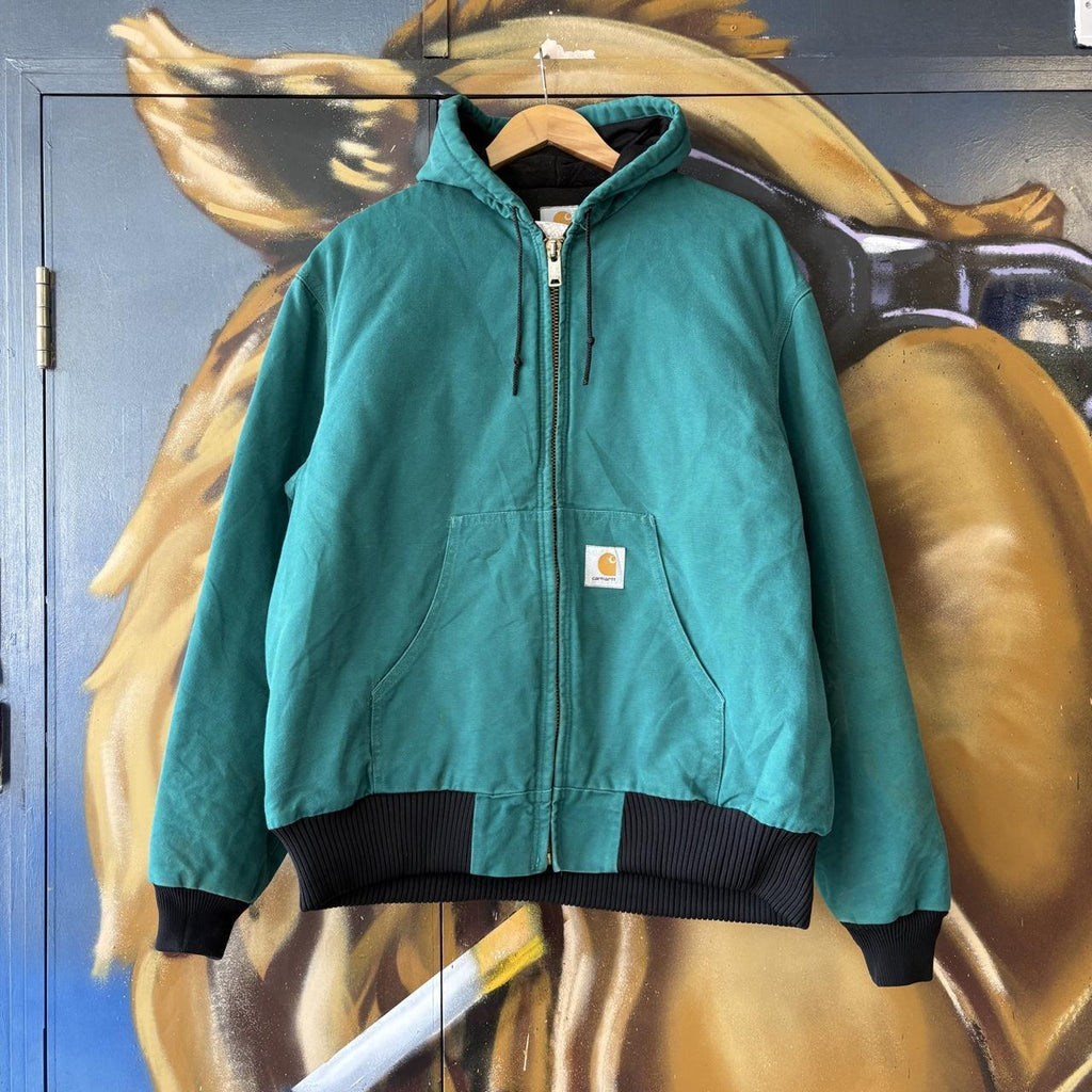 Vintage Carhartt Active Jacket Mens XL Aqua Green J04 AQU Hooded Full Zip Canvas Heavyweight Carhartt Style Coat 90s Y2K