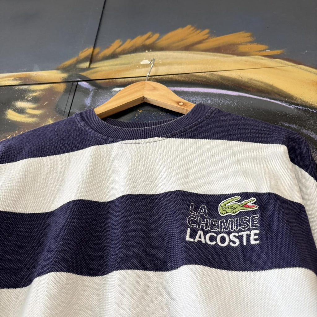 Vintage Lacoste Chemise Sweatshirt Mens Large Striped Crewneck Navy White Logo 90s Y2K