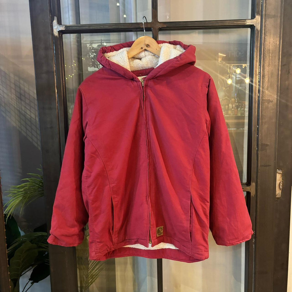 0125B38P - Vintage Retro Essential Red Active Style Jacket Full Zip Hooded Workwear Canvas Sherpa lined Jacket #workwear #utility #activejacket