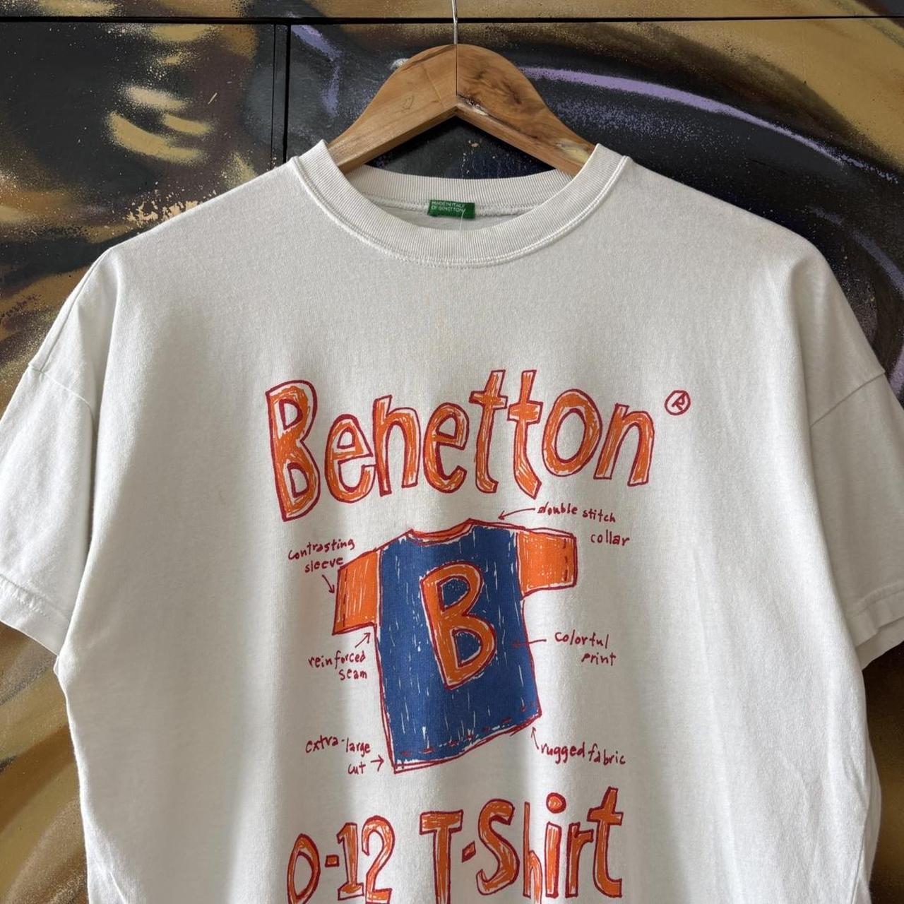 Vintage Benetton T Shirt Mens Small White 0-12 Graphic Print Logo Doodle Streetwear Tee Top 90s Y2K