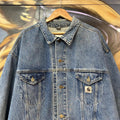 BR2401ET-U - Vintage Retro Essential Carhartt Blue Denim Wash Button Up Trucker Jacket #workwear #utility #truckerjacket #denim #carhartt