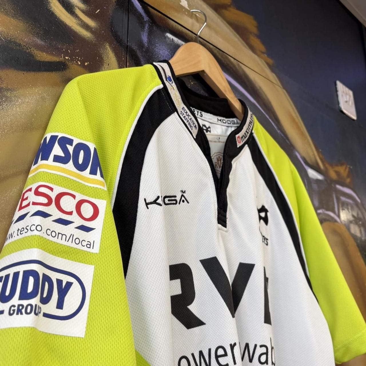 Vintage Retro Essential Kooga Ospreys 2012 - 13 Away Yellow and White Collared Rugby Short Sleeve Jersey Shirt top  with embroidered logos and RWE, Jewson, Tesco, Cuddy Group, Evening Post and Worthington's printed sponsorships
