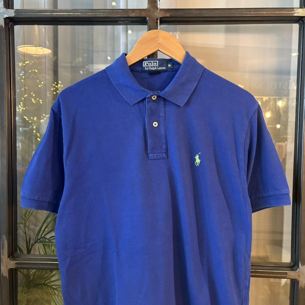POL387F - Vintage Retro Ralph Lauren Plain Blue Polo Shirt Short Sleeve collared button up top  #Y2K #preppy #chiefkeef #oldmoney #ralphlauren