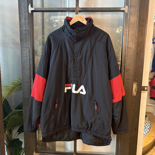 0325F87BR - Vintage Retro Essential Red and Black Fila 1/4 Zip and button up closure pullover sports jacket #sportswear #90s #y2k #fila