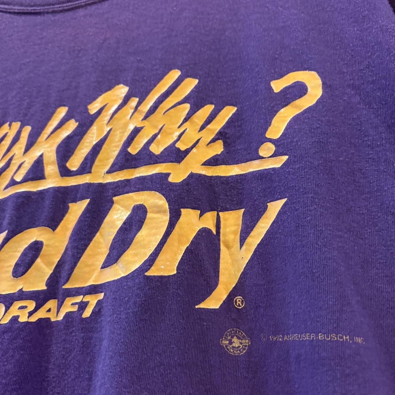Vintage Bud Dry Beer T shirt Mens XL Purple Graphic Promo Slogan Why Ask Why? Print Tee Top 90s