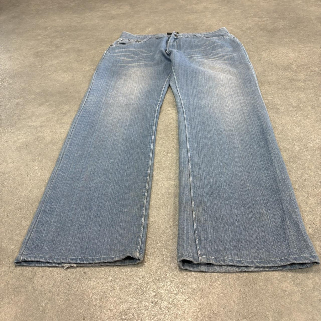 Vintage Light Blue Wash Jeans Mens 34x32 Denim Embroidered Detail Trousers Skate Western Vintage Y2K 90s