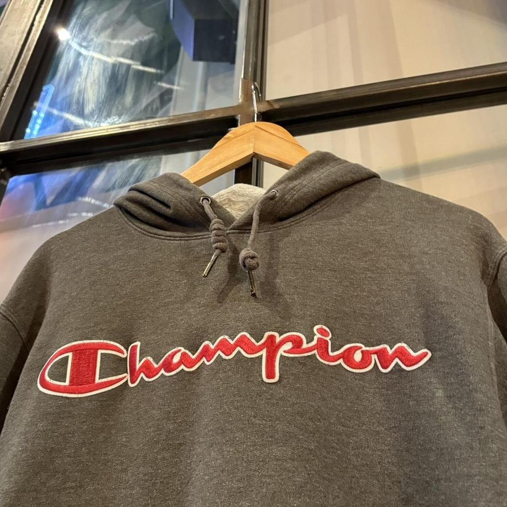 MA2207IZ-F - Vintage Retro Essential Dark Grey Champion Sweatshirt Hoodie with embroidered spellbout patch logo #90s #sportswear #essential #champion #y2k