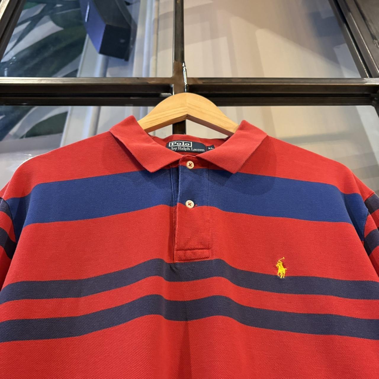 BR1912ADH-P - Vintage Retro Ralph Lauren Red and Blue Striped Polo Shirt Short Sleeve collared button up top  #Y2K #preppy #chiefkeef #oldmoney #ralphlauren