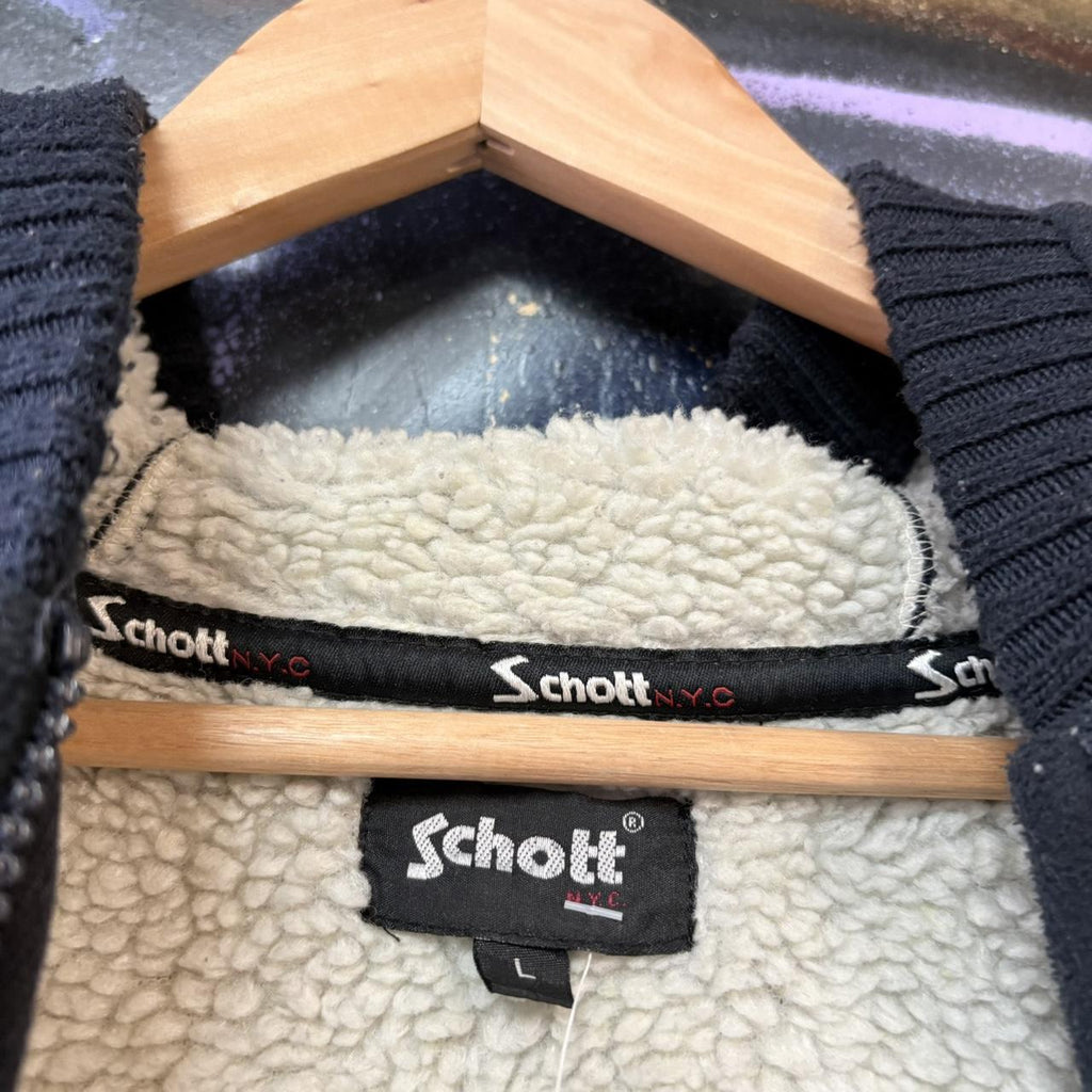 MES1102AK-U - Vintage Retro Essential Black Schott NY Blafk Sherpa Lined Sweatshirt Hoodie with embossed spell out back hit logo #90s #streetwear #schnottny #schontt #y2k