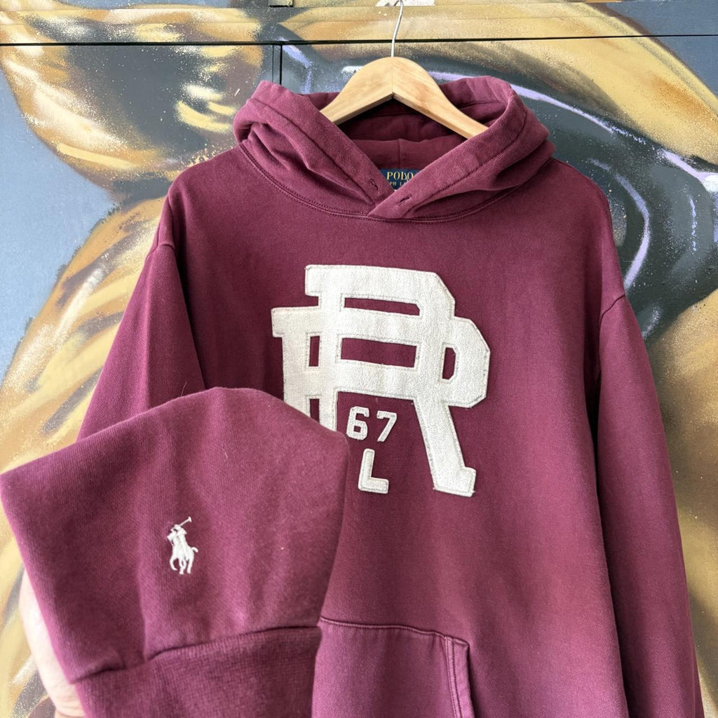 Vintage Polo Ralph Lauren Hoodie Mens XL Burgundy Big Centre Patch Logo Sweatshirt Jumper Preppy Old Money Top 90s Y2K 00s