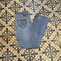 MES2705Y-F - Vintage retro essential  Seven7 Blue Wash Denim Boot Cut Jeans Y2K Trousers pants with embroidered patterns on back pockets #denim #seven7 #bootcut
