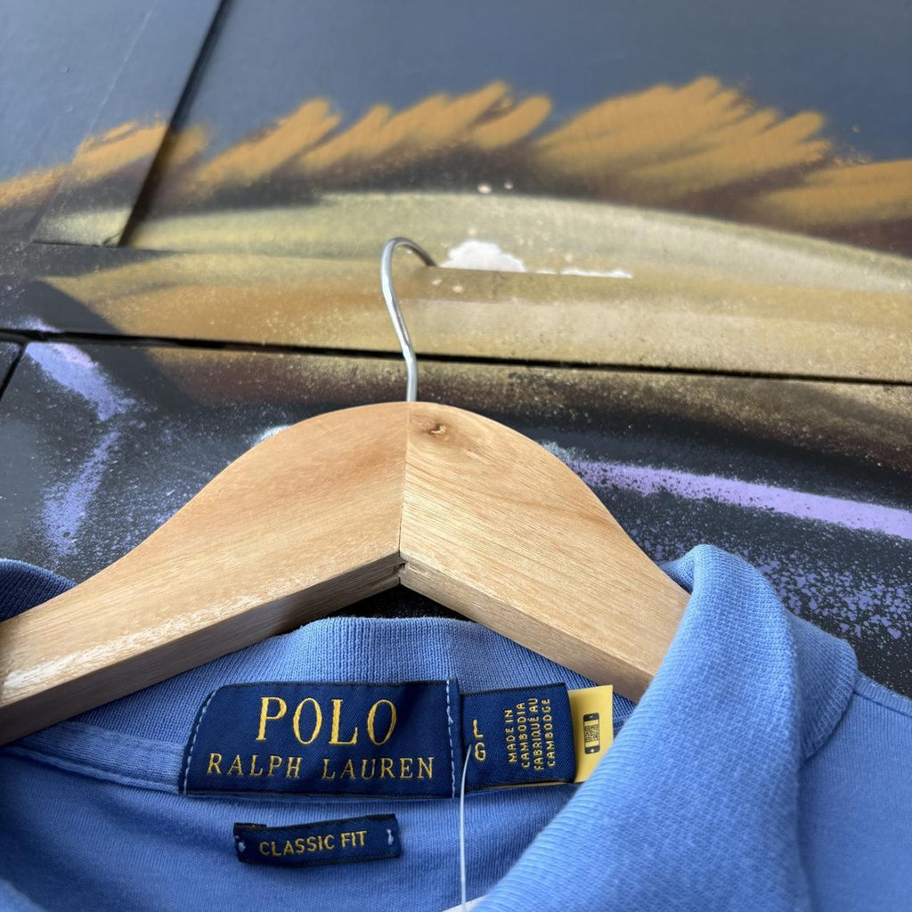 Vintage Ralph Lauren Polo Shirt Mens Large Plain Blue Preppy Pony Logo Collared Button Up Top Y2K 90s