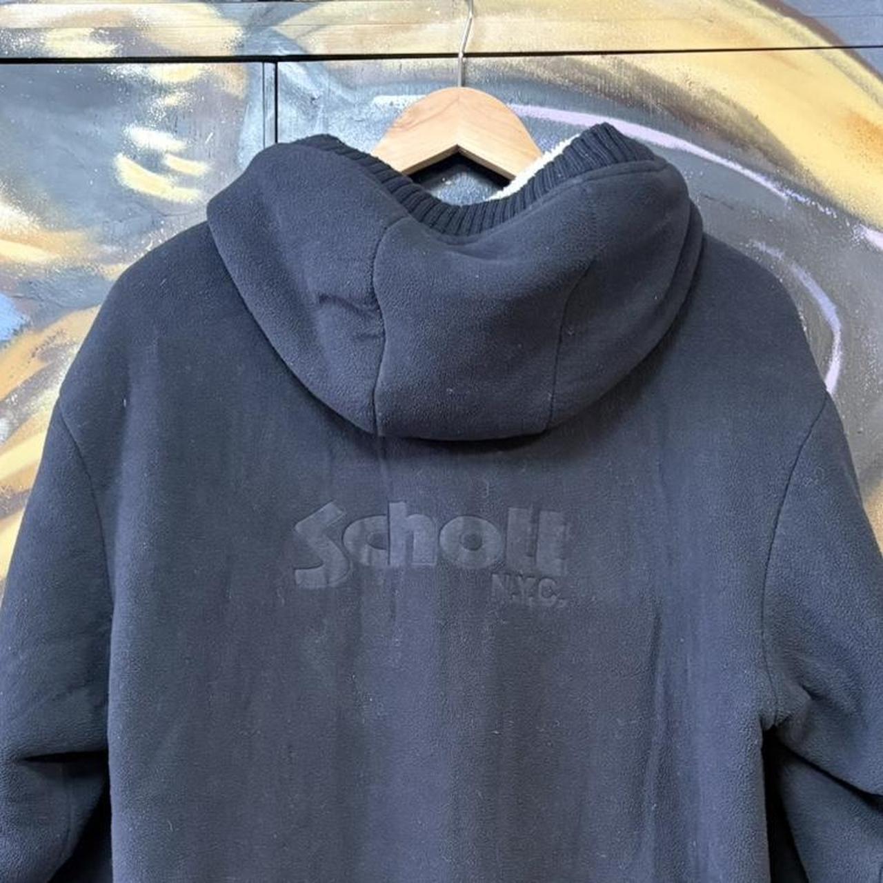 MES1102AK-U - Vintage Retro Essential Black Schott NY Blafk Sherpa Lined Sweatshirt Hoodie with embossed spell out back hit logo #90s #streetwear #schnottny #schontt #y2k