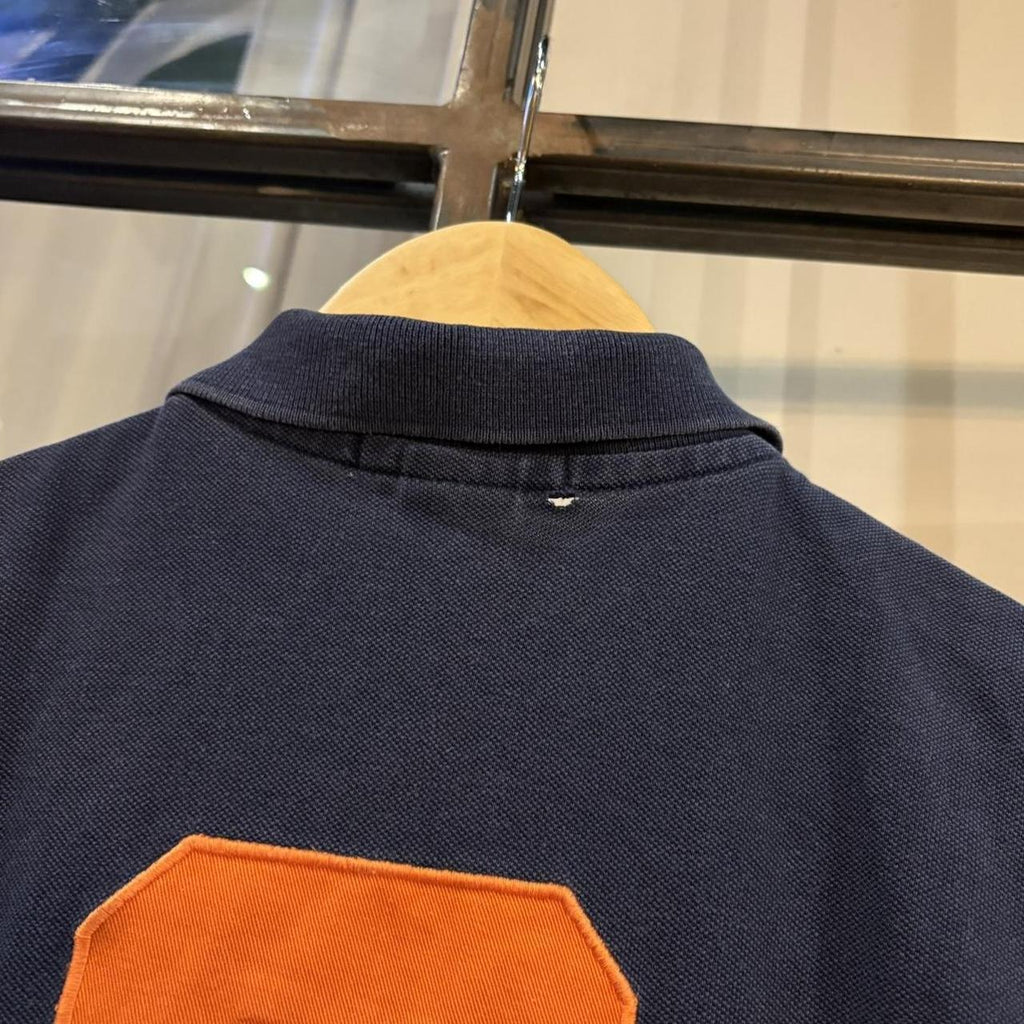 MES2811BT-F - Vintage Retro Ralph Lauren Navy Polo Shirt Short Sleeve collared button up top with Orange embroidered big logo and number 3  #Y2K #preppy #chiefkeef #oldmoney #ralphlauren