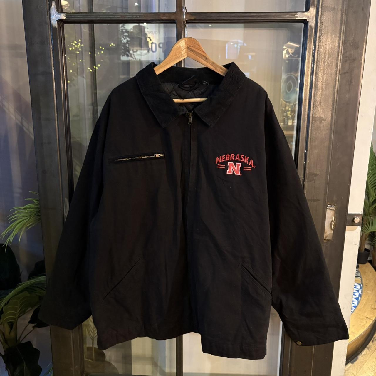 0125A80BR - Vintage Retro Black Full Zip Up lined Canvas Detroit Style Corduroy Collar Workwear Jacket With Embroidered Nebraska Chest logo  #utility #workwear #detroitjacket #boxy