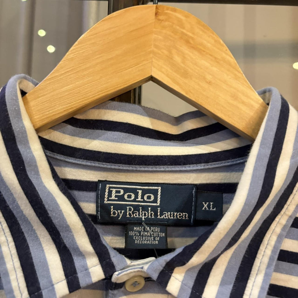 BR1912AEL-F - Vintage Retro Ralph Lauren Light Blue, Navy and White Striped Polo Shirt Short Sleeve collared button up top  #Y2K #preppy #chiefkeef #oldmoney #ralphlauren