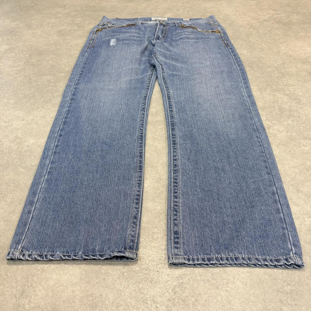 BR1209CB-U - Vintage retro essential  Mek Denim USA Blue Wash Denim Jeans Trousers pants with y2k embroidered detailing #denim #usa #jeans #y2k #embroidered